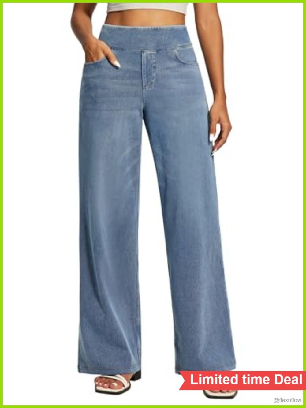Wide Leg Pull On Jeans High Waisted Stretch Denim Pants
